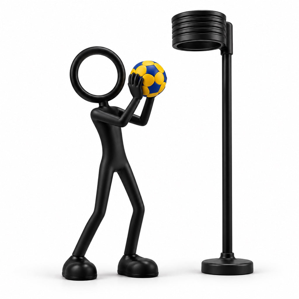 Concept van zwarte Stickyman korfballer op wit met geel-blauwe bal