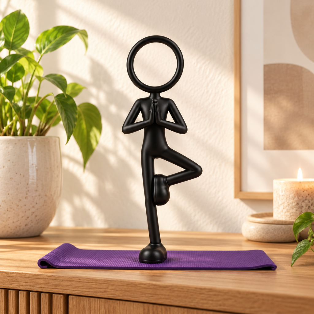Zwarte Stickyman in yoga boomhouding op paarse mat in warm interieur