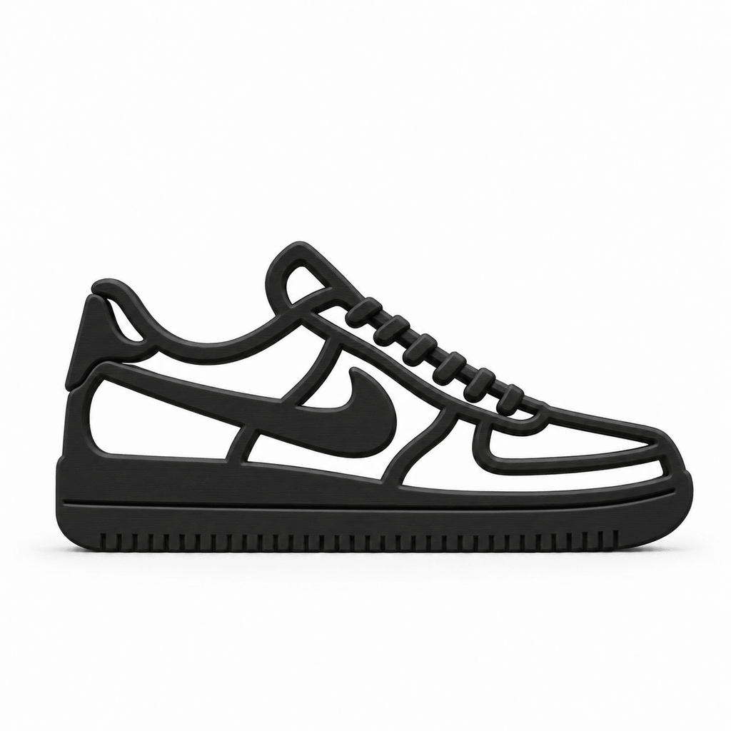 Zwarte 3D-geprinte Air Force 1 sneakerdecoratie op witte achtergrond