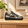 Zwarte sneakerdecoratie in warme moderne woonomgeving