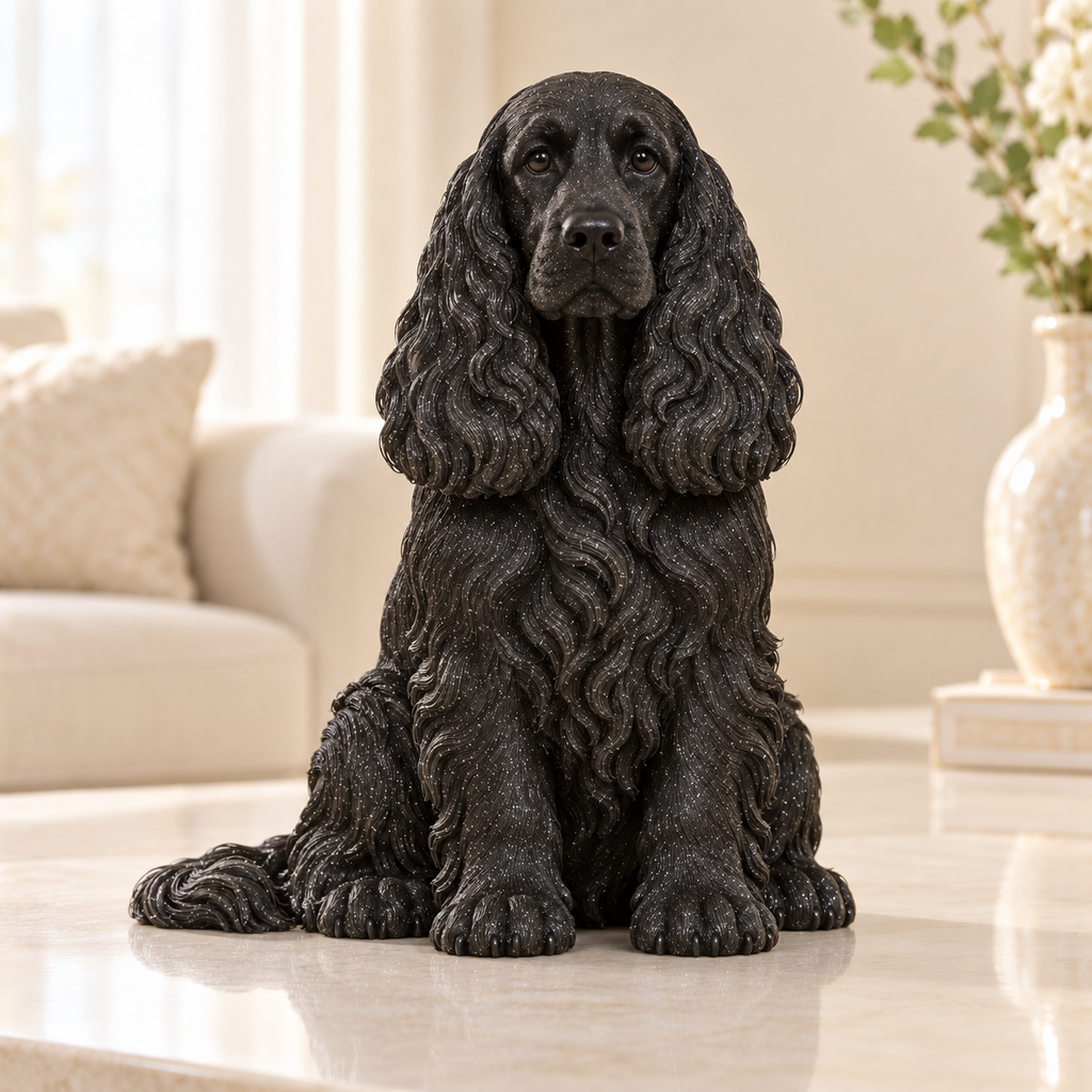 Engelse Cocker Spaniel Galaxy Black – zittend hondenbeeld zonder voetstuk – vooraanzicht