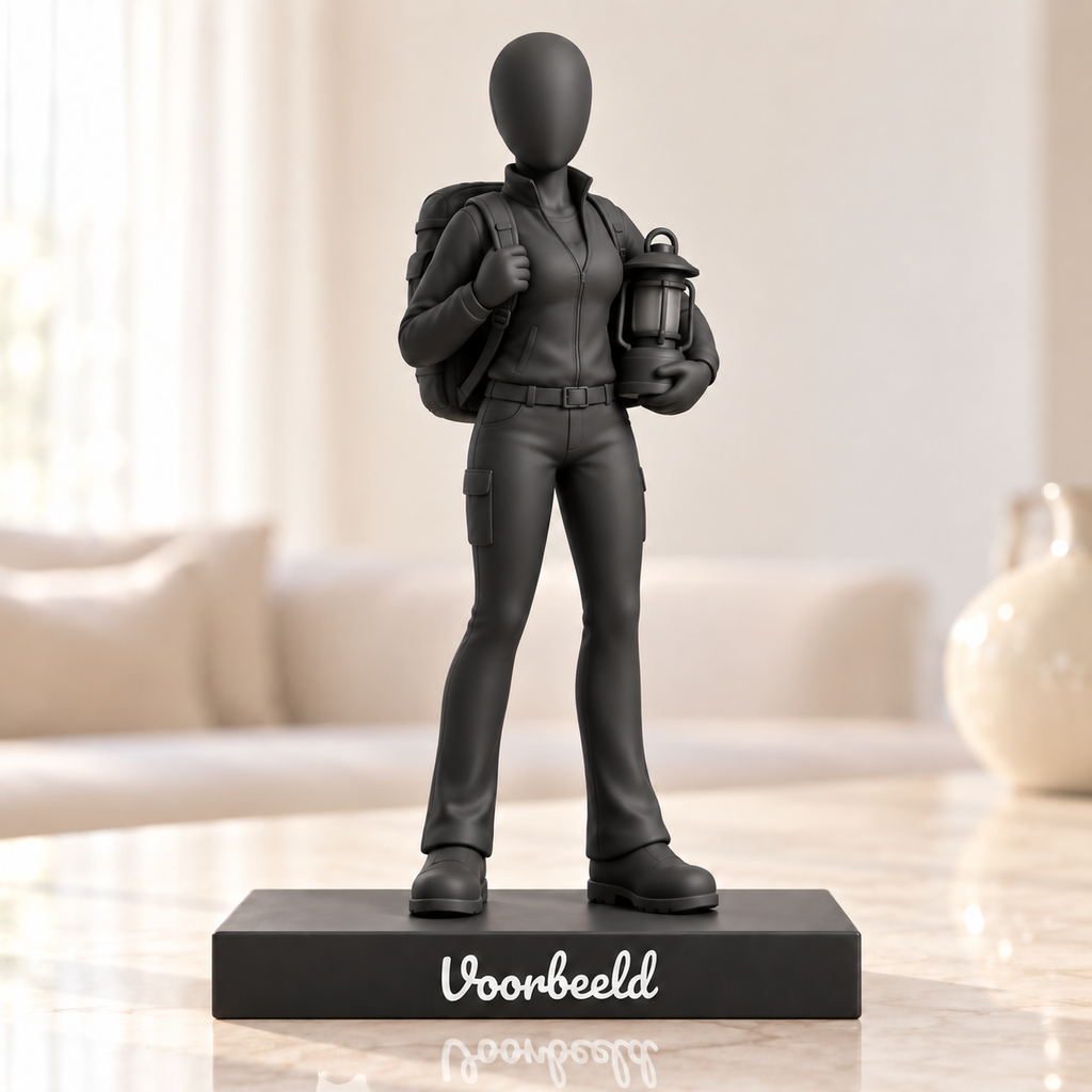 Flowman kampeerder – matzwarte decoratie op rechthoekig voetstuk met tekst; conceptafbeelding