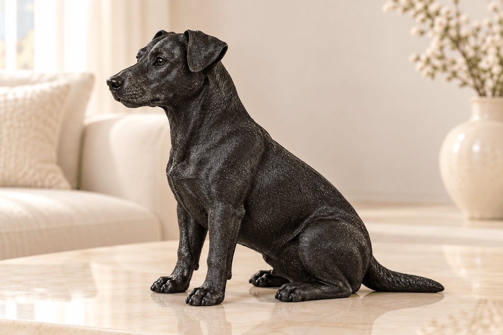 jack-russell hondenbeeldje in PLA Galaxy Black zonder voetstuk – zijaanzicht in interieur
