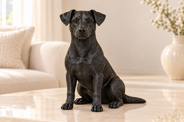 jack-russell hondenbeeldje in PLA Galaxy Black zonder voetstuk – vooraanzicht in interieur
