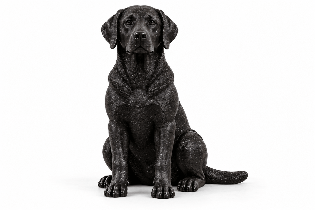 labrador hondenbeeldje in PLA Galaxy Black zonder voetstuk – vooraanzicht op witte achtergrond