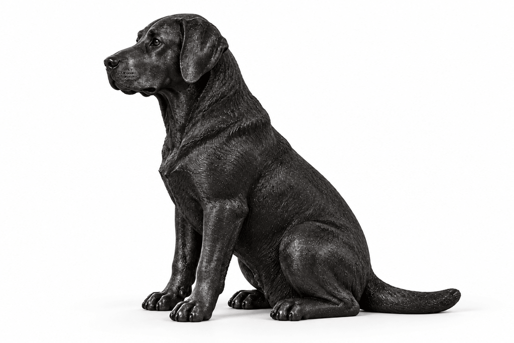 labrador hondenbeeldje in PLA Galaxy Black zonder voetstuk – zijaanzicht op witte achtergrond