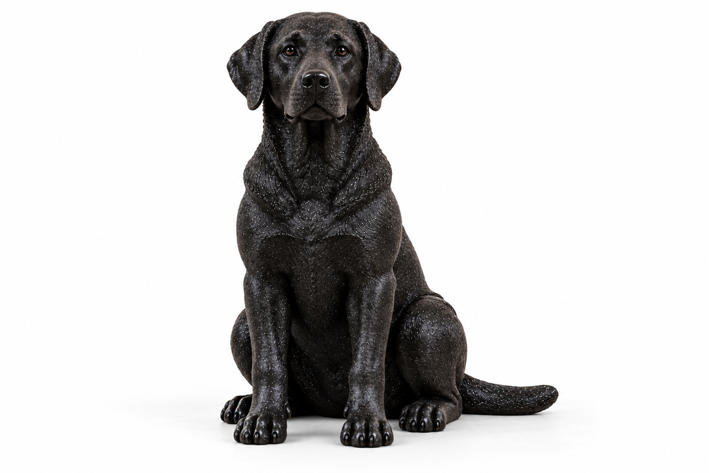 labrador hondenbeeldje in PLA Galaxy Black zonder voetstuk – vooraanzicht op witte achtergrond