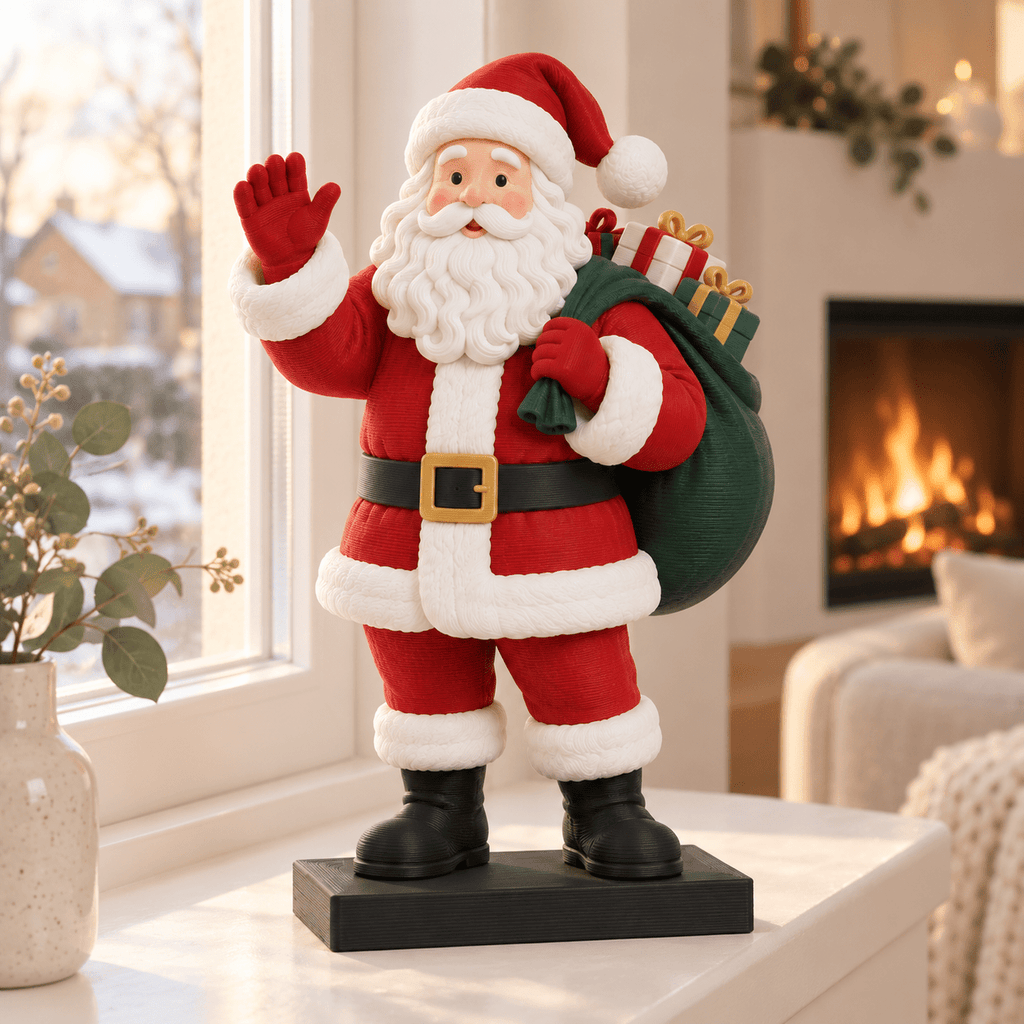 3D-geprinte Santa met cadeautjes op een zwart voetstuk in een warm kerstinterieur
