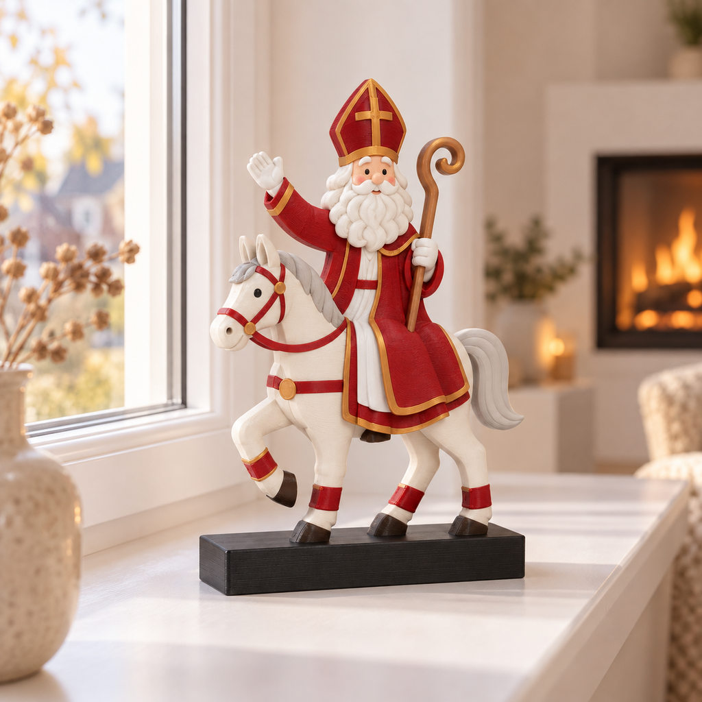 Sinterklaas op paard als 3D-geprinte decoratie in een warm interieur