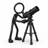 Zwarte Stickyman amateurastronoom met telescoop op witte achtergrond