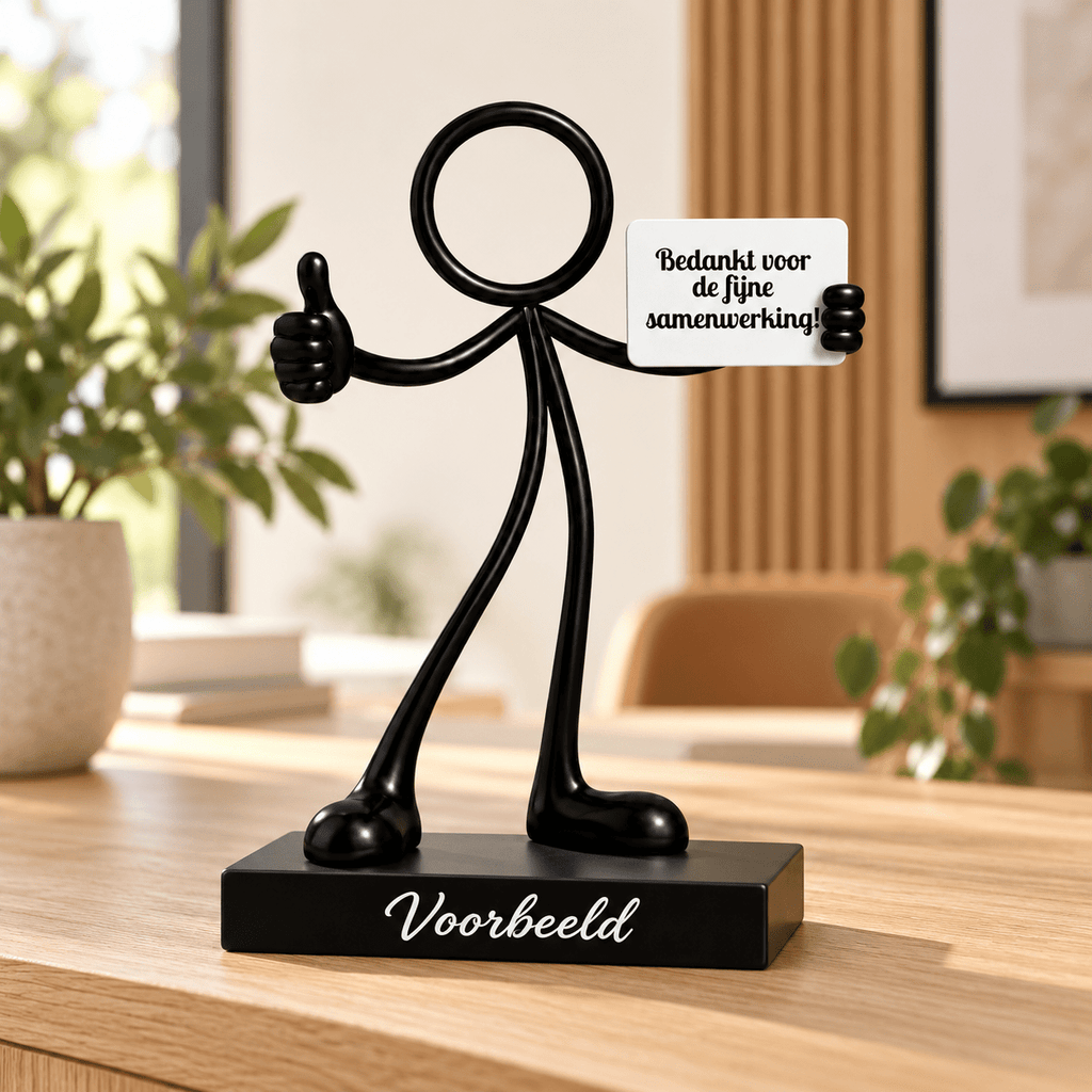 Stickyman samenwerking op persoonlijk voetstuk in warme interieursetting