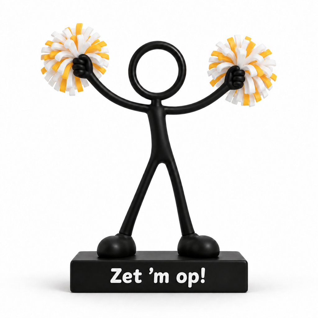 Stickyman cheerleader met wit-gele pompons en voetstuk met tekst Zet 'm op