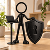 Stickyman cybersecurity specialist met laptop en schild in warm kantoor