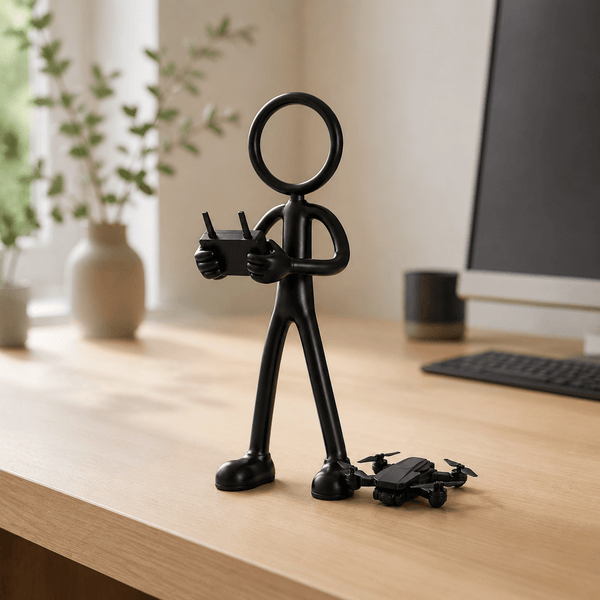 Stickyman dronepiloot met drone als decoratie in een modern thuiskantoor