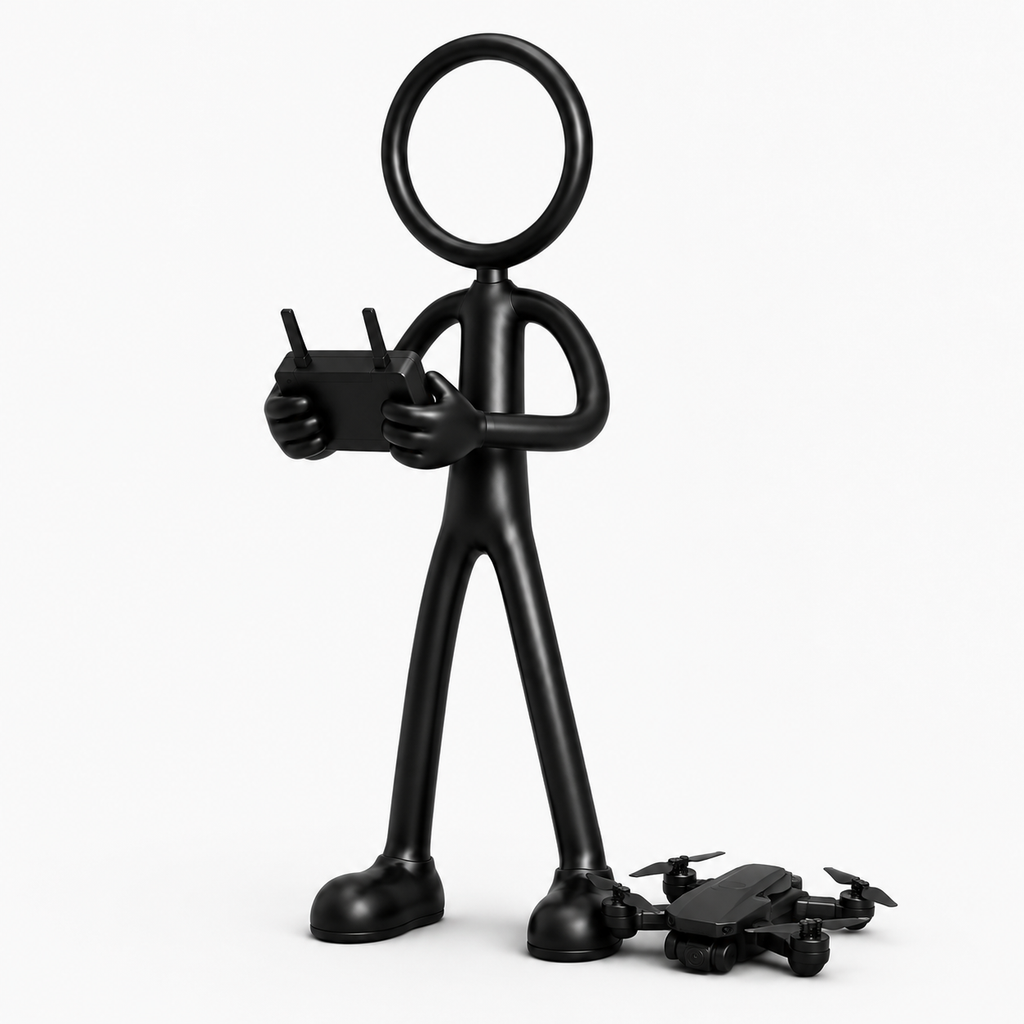 Zwarte Stickyman dronepiloot met controller en drone op witte achtergrond