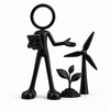 Zwarte Stickyman duurzaamheidsmanager met tablet windmolen en plant