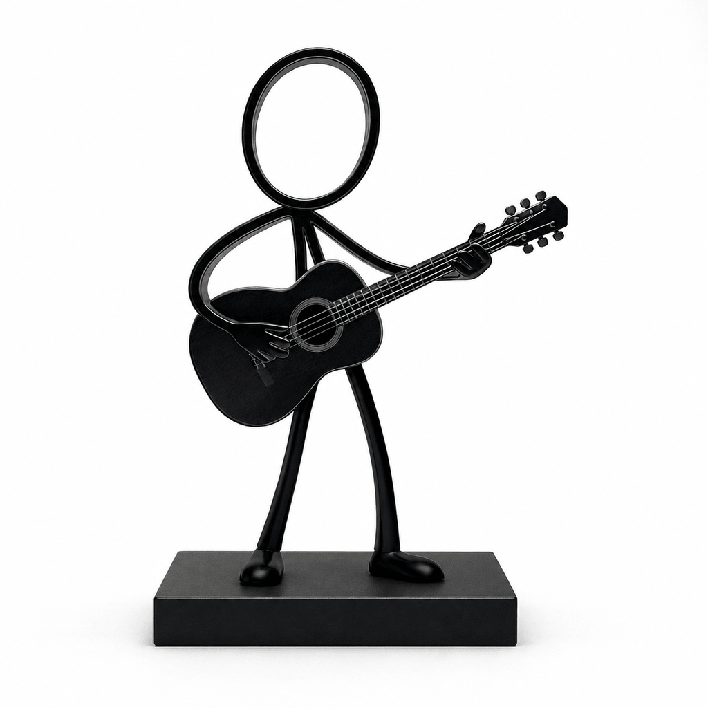 Zwarte Stickyman Gitarist met gitaar en rechthoekig voetstuk van 2 cm