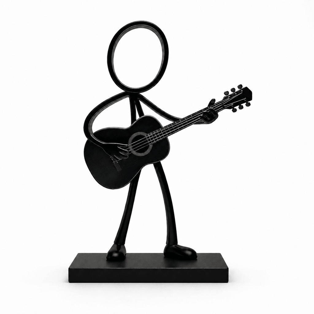 Zwarte Stickyman Gitarist met gitaar en rechthoekig voetstuk van 1 cm