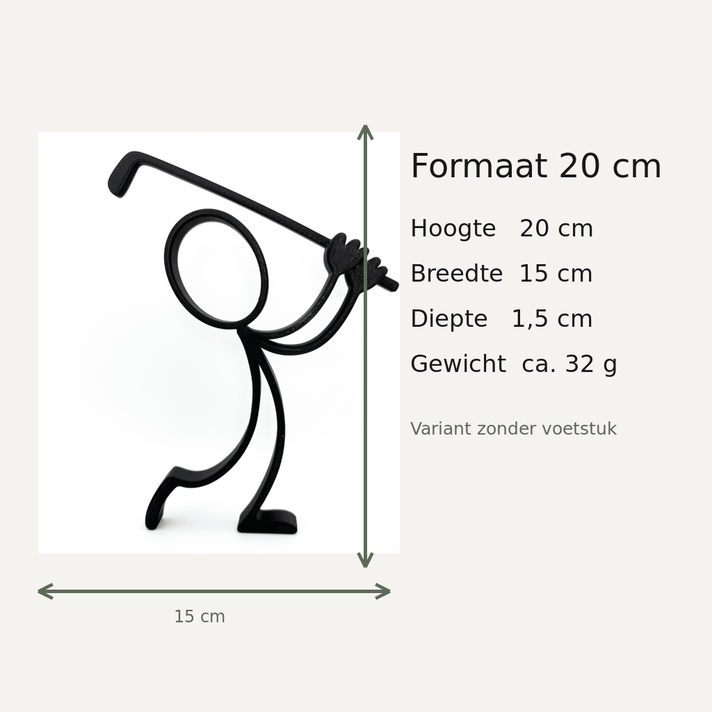 Afmetingen en gewicht van de Stickyman Golfer van 20 cm zonder voetstuk