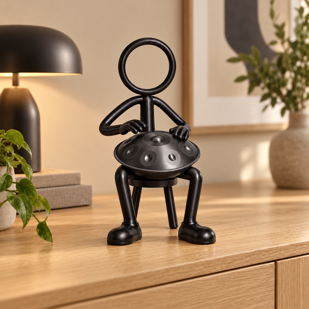 Stickyman handpanspeler in warm interieur