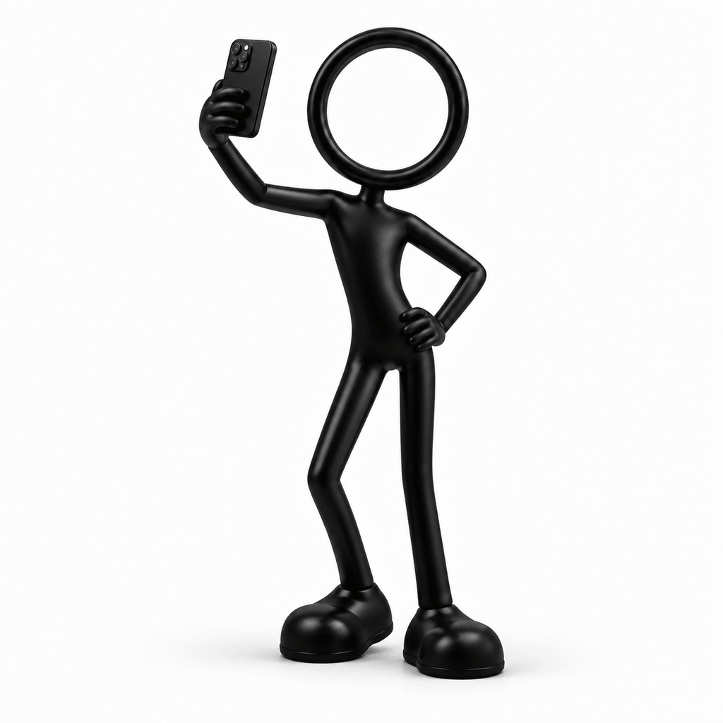 Zwarte Stickyman influencer met smartphone in selfiehouding op witte achtergrond