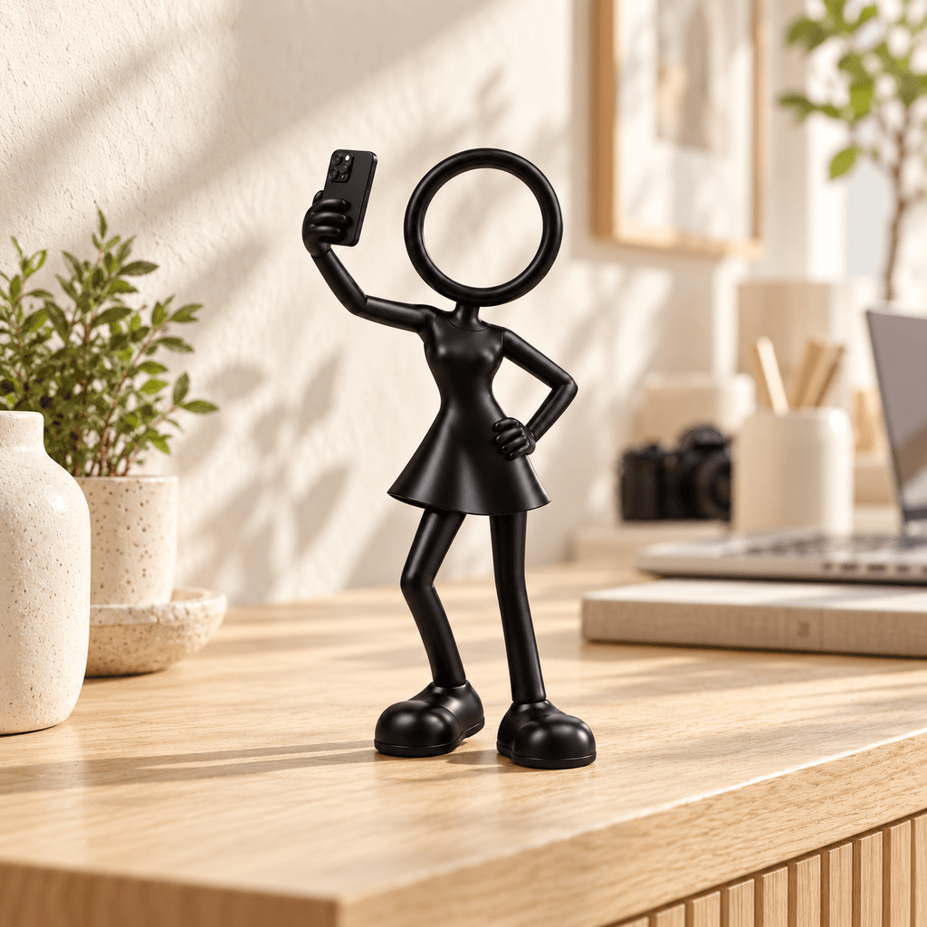 Vrouwelijke zwarte Stickyman influencer in jurk op een eiken bureau met camera en laptop