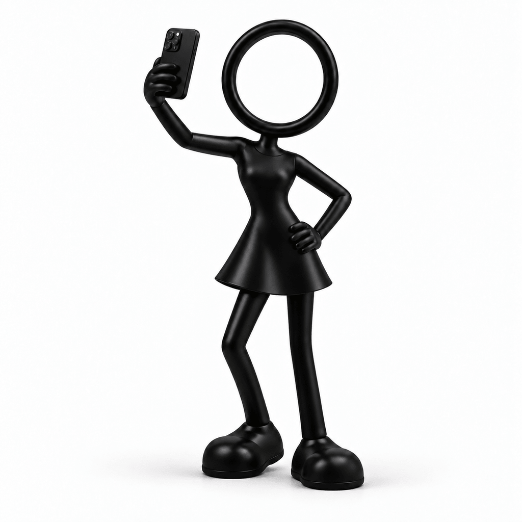 Vrouwelijke zwarte Stickyman influencer in jurk met smartphone in selfiehouding