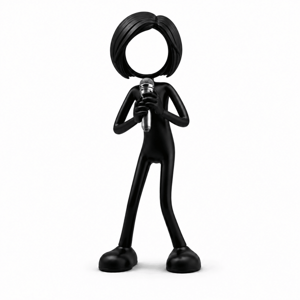 Stickyman zangeres met kort kapsel en microfoon