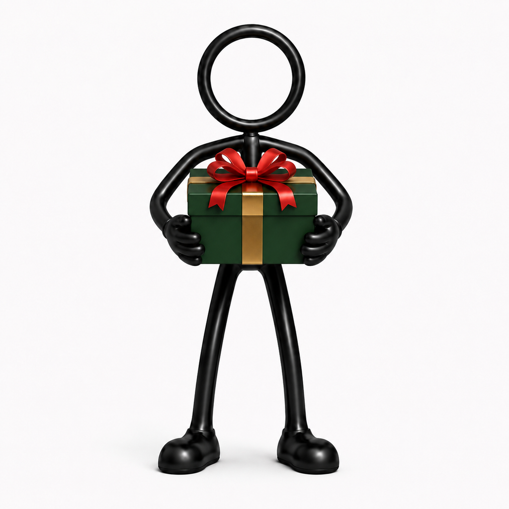 Stickyman met groen kerstcadeau en rode strik op witte achtergrond