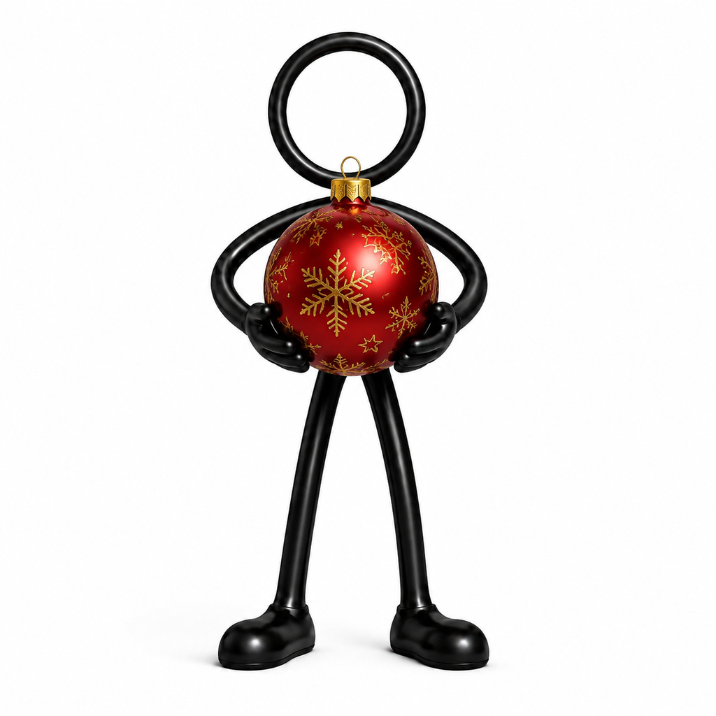 Stickyman met grote rood-gouden kerstbal op witte achtergrond