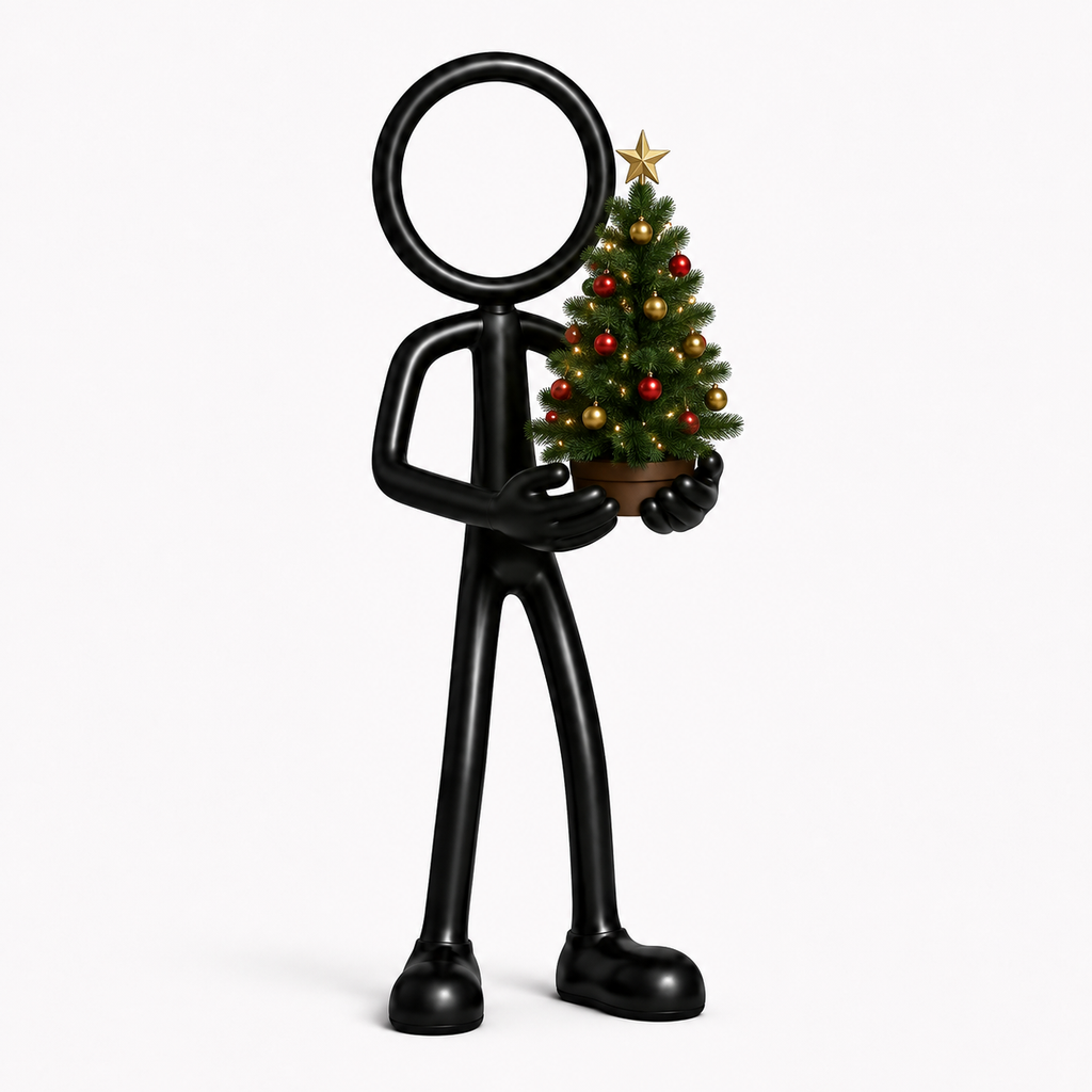 Stickyman met versierde mini-kerstboom op witte achtergrond