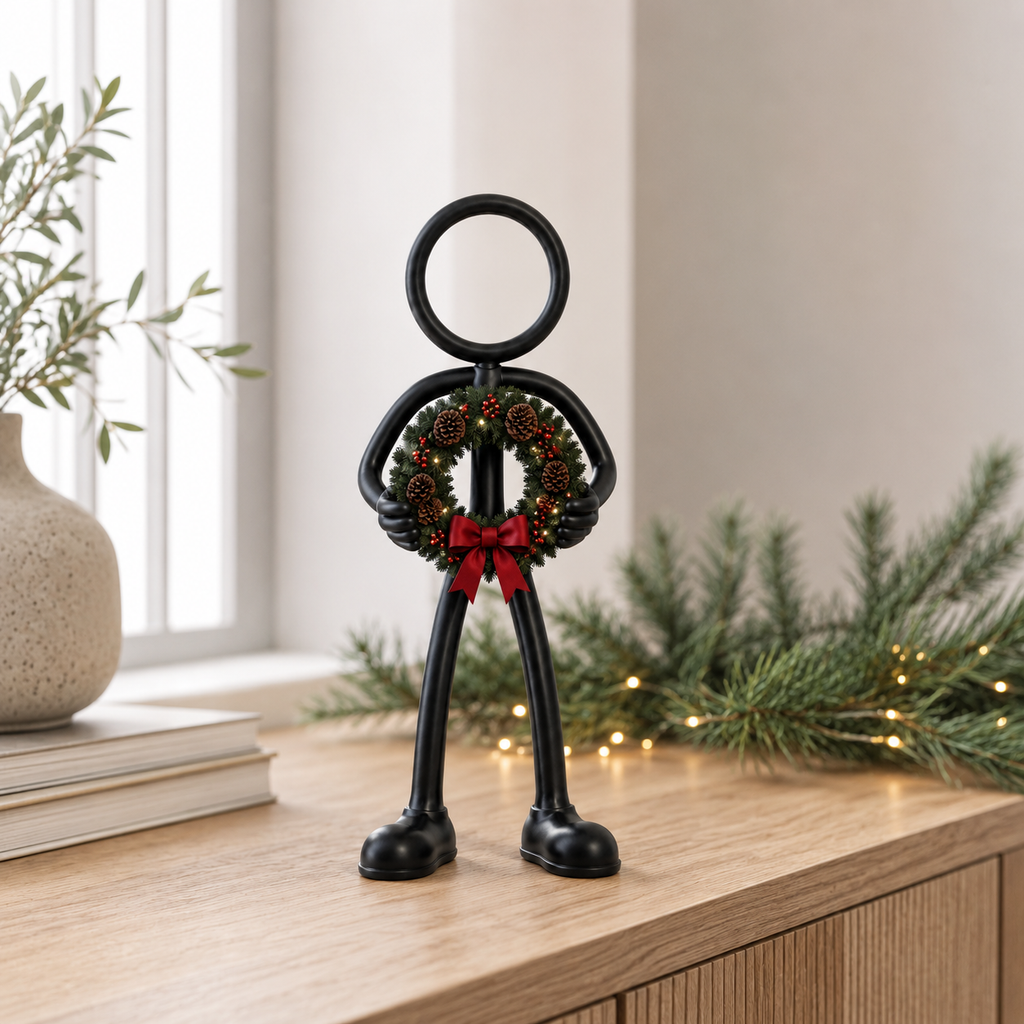 Stickyman met kerstkrans als decoratie in modern interieur