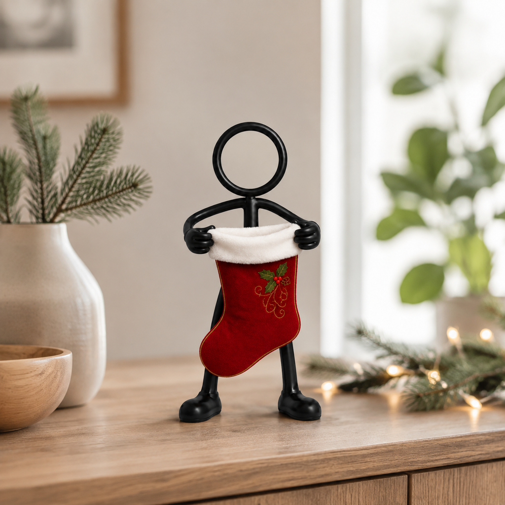 Stickyman met luxe kerstsok als decoratie in modern kerstinterieur