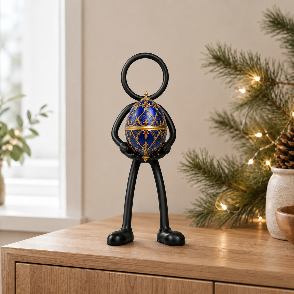 Stickyman met luxe sier-ei als kerstdecoratie in modern interieur