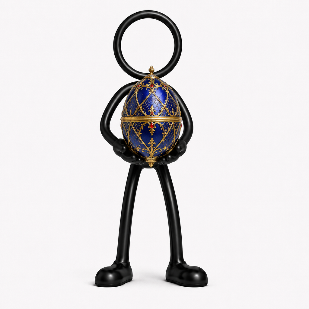 Stickyman met luxe blauw-gouden sier-ei op witte achtergrond