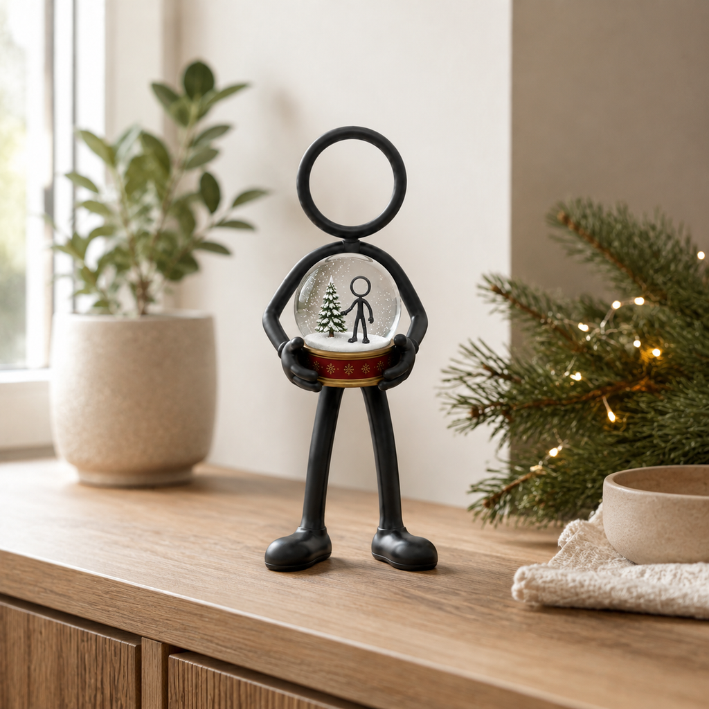 Stickyman met sneeuwbol als winterse decoratie in modern interieur