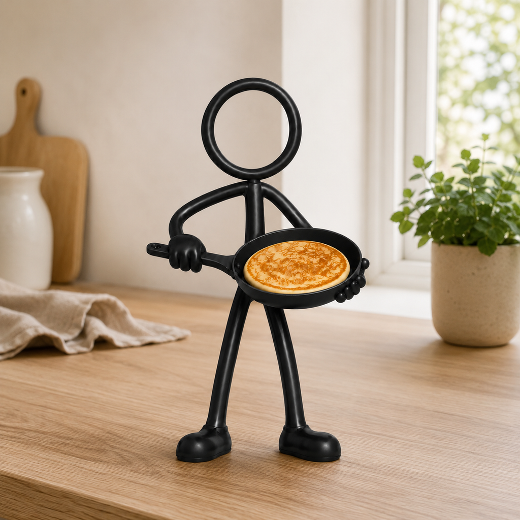 Stickyman kok met grote pannenkoek in een lichte Scandinavische keuken