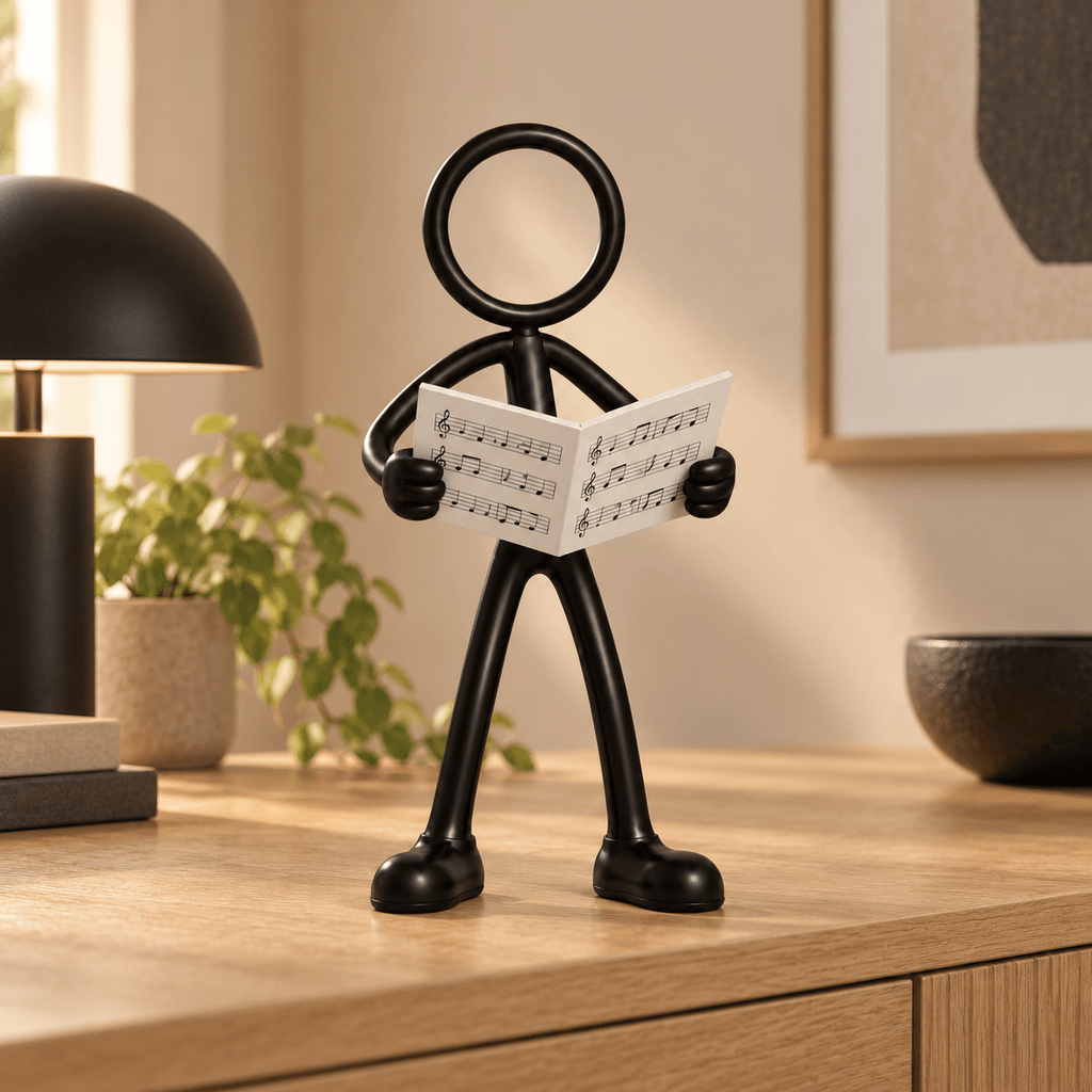 Stickyman koorzanger met bladmuziek in warm interieur