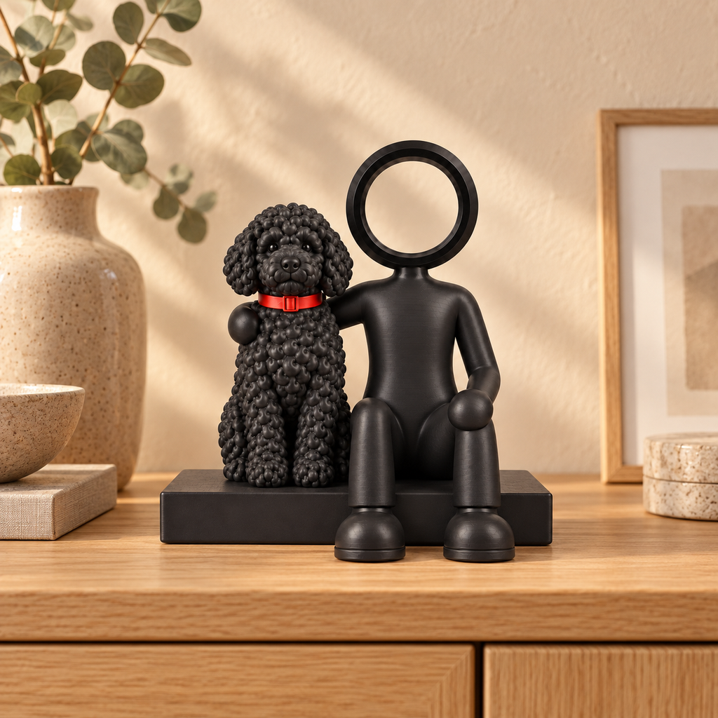 Zittende zwarte Stickyman met hond en rode halsband in een warm interieur.