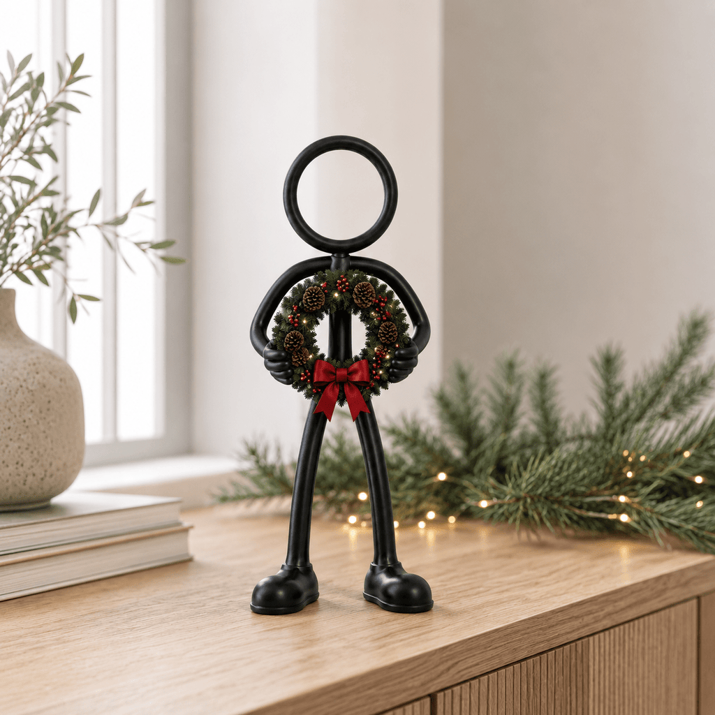 Stickyman met kerstkrans als decoratie in modern interieur