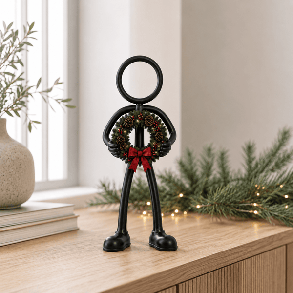 Stickyman met kerstkrans als decoratie in modern interieur