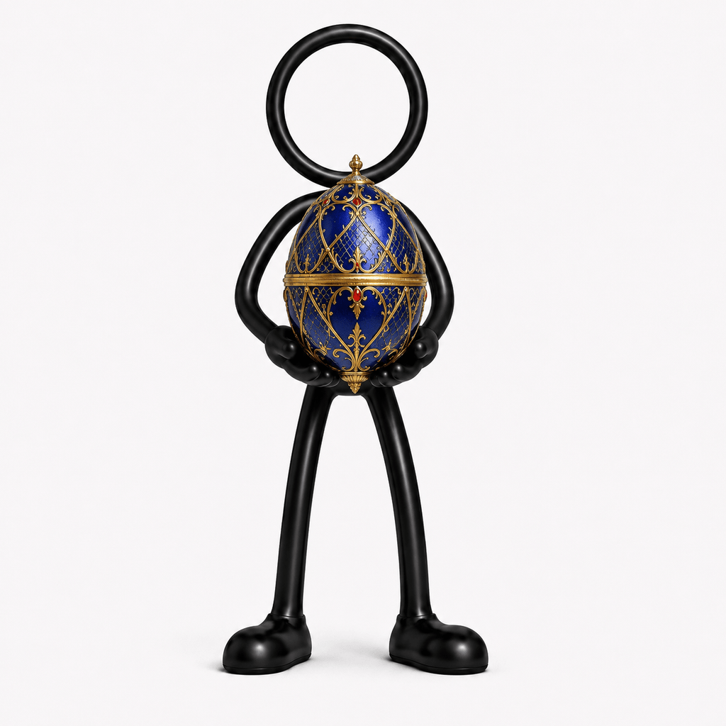 Stickyman met luxe blauw-gouden sier-ei op witte achtergrond