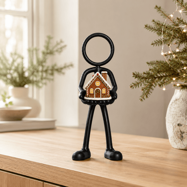 Stickyman met peperkoekhuisje als decoratie in modern kerstinterieur