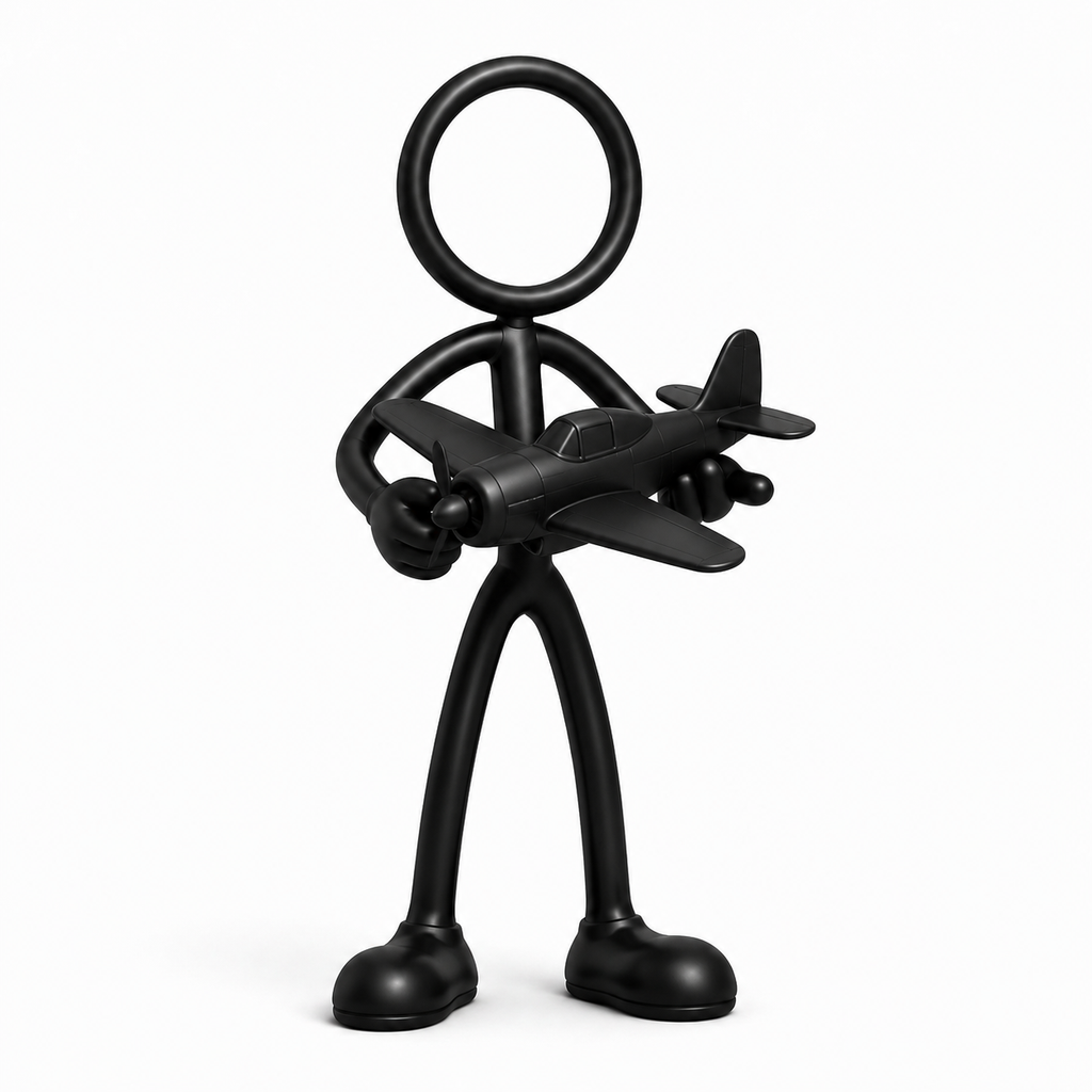 Zwarte Stickyman modelbouwer met modelvliegtuig op witte achtergrond