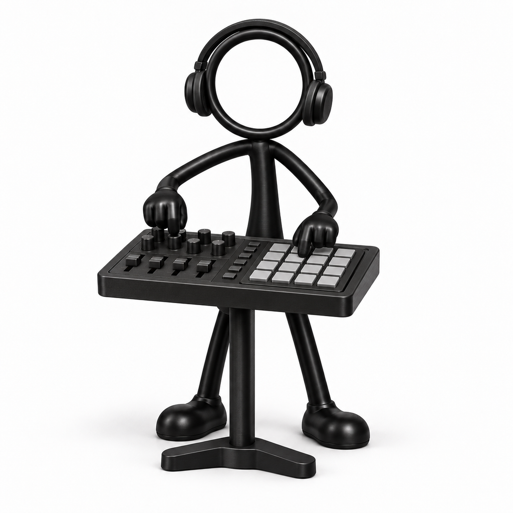 Stickyman muziekproducer op witte achtergrond