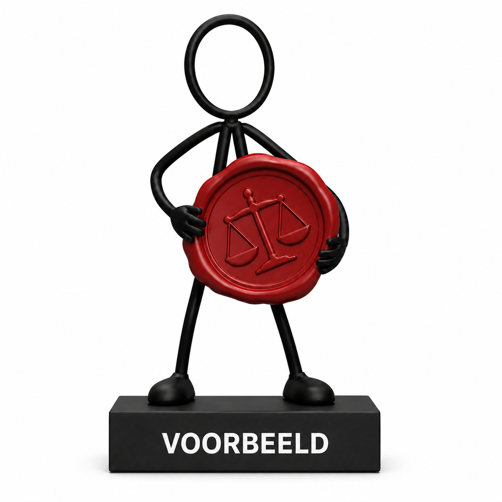 Stickyman notaris met rode zegel en persoonlijk voorbeeld op een voetstuk van 2 cm