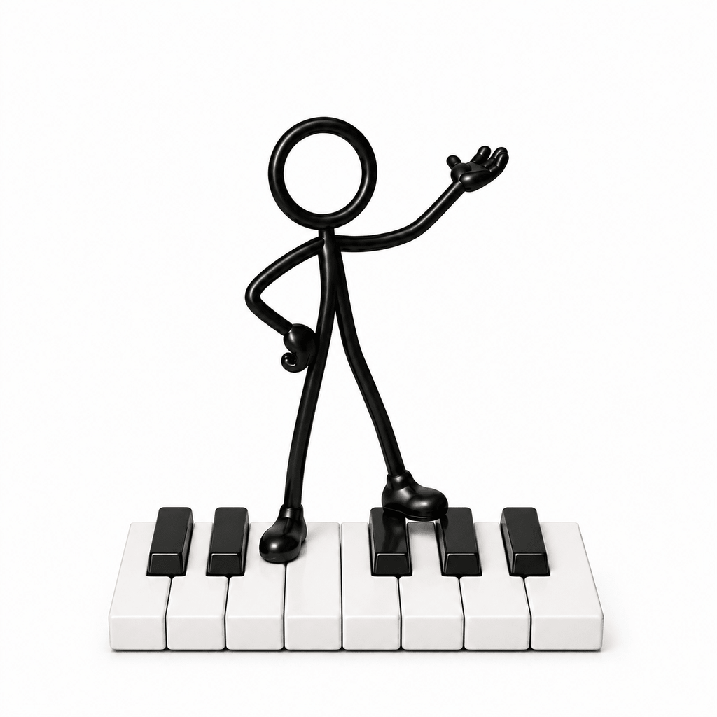 Stickyman pianist op correct zwart-wit pianoklavier