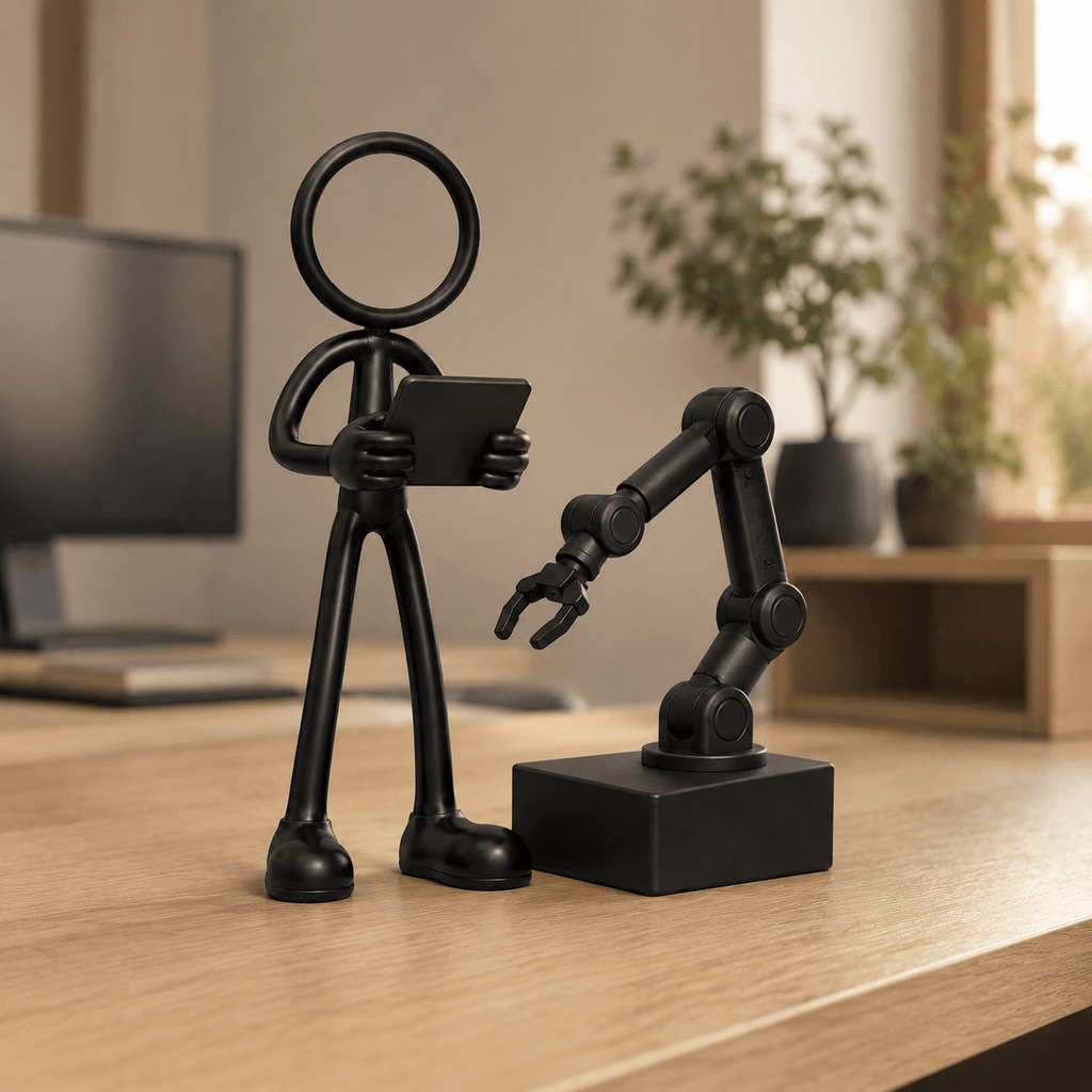 Stickyman robotica engineer met cobot in een moderne ontwerpstudio