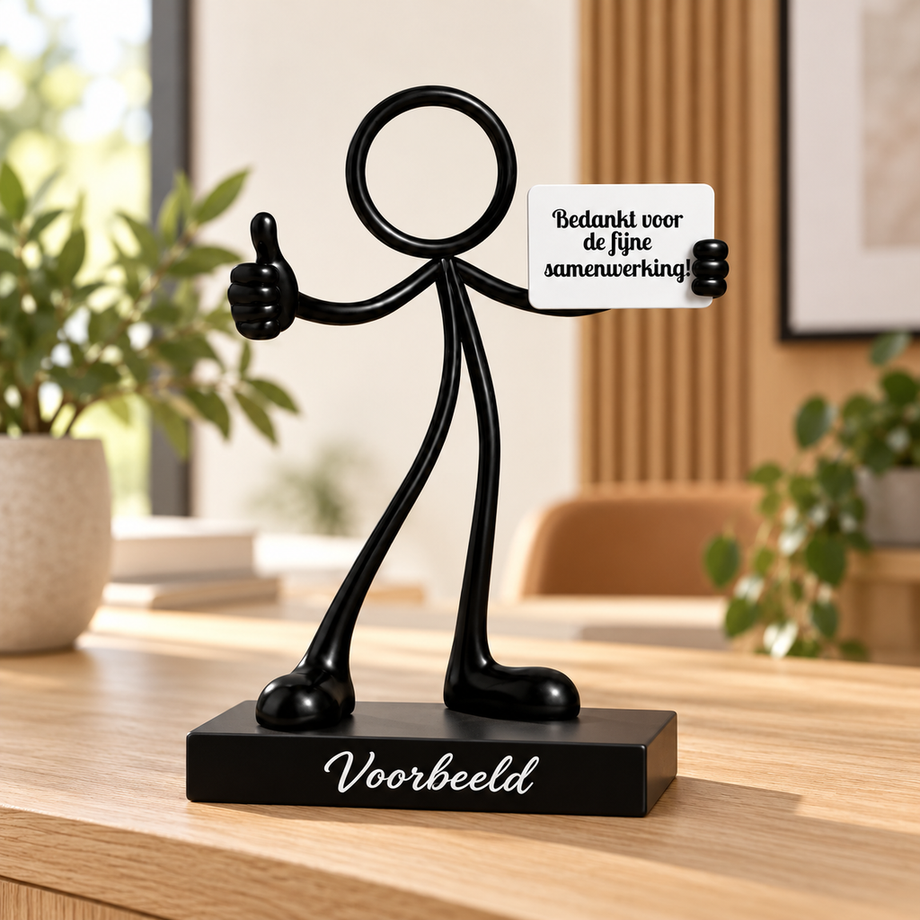Stickyman samenwerking op persoonlijk voetstuk in warme interieursetting