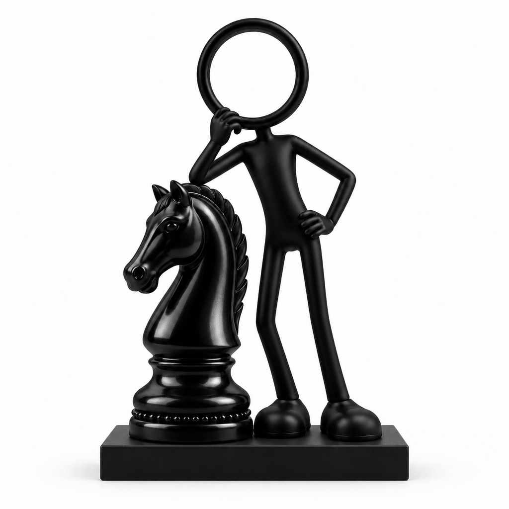 Stickyman Schaakstrateeg met schaakpaard op een zwart voetstuk van 2 cm